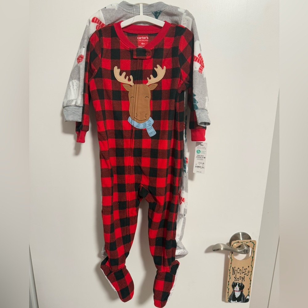 Carter’s Christmas Polar Bears Moose Pajama Sleepers - Size 18 Months NWT 2 Pack